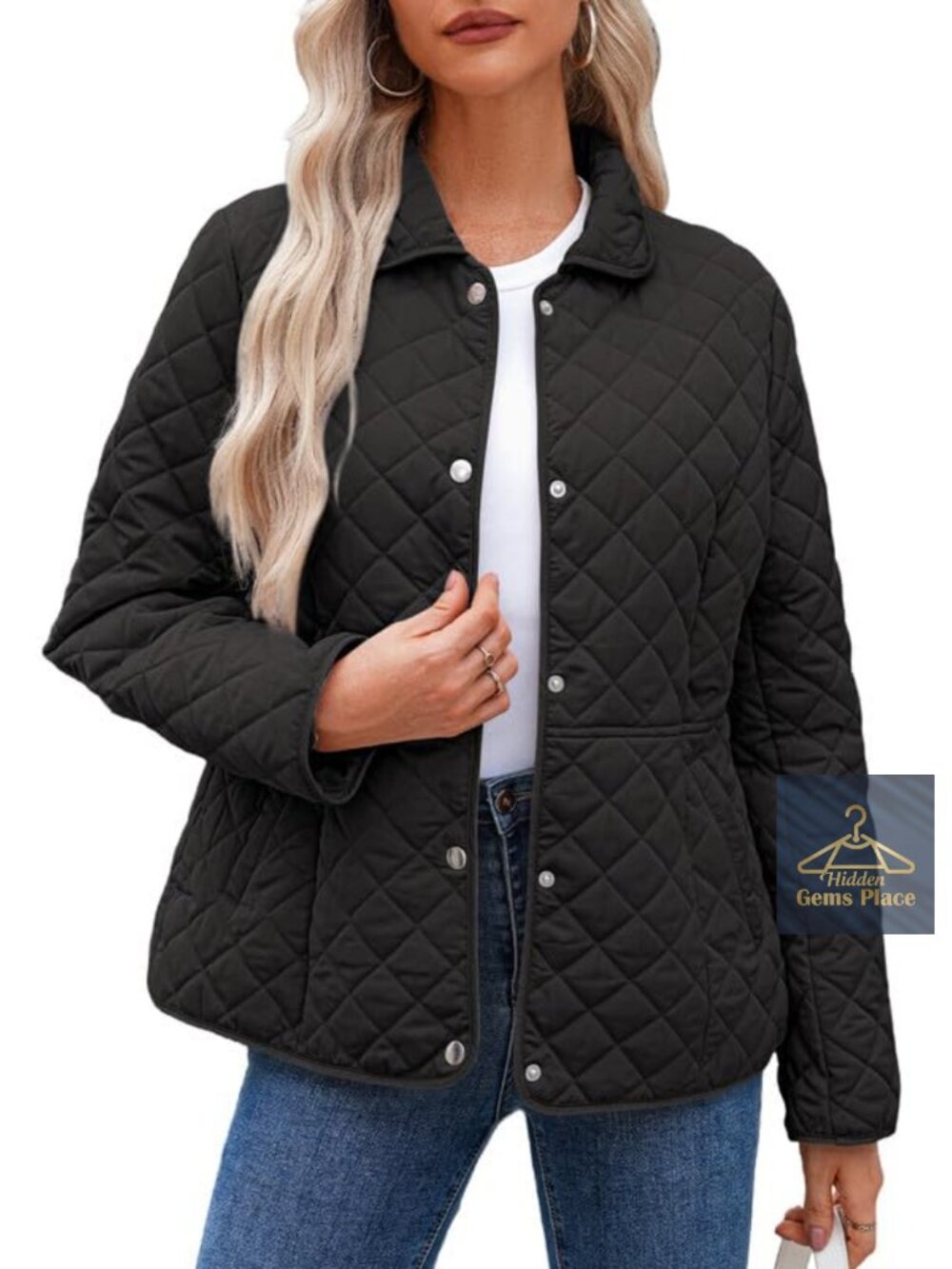 Quilted Button Down Puffer Jacket Long Sleeve Stand Collar Diamond Texture Coat